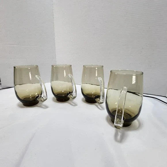 Vintage 1970's 1980's Smoked glasses Libbey Tempo Mug Clear Handle Set of 4 - Picture 5 of 7